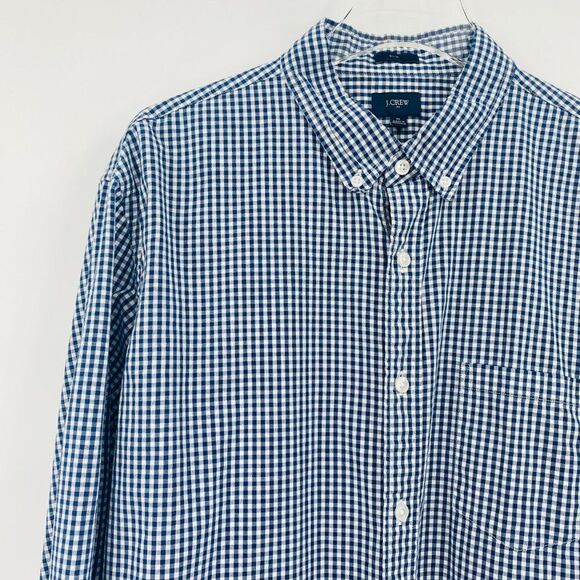 J. Crew Size XL Navy Blue White Gingham Plaid Slim Washed Button Down Shirt - Picture 4 of 6